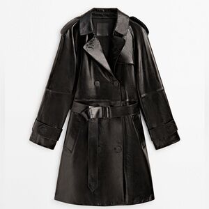 Massimo Dutti Black Leather Trench Coat